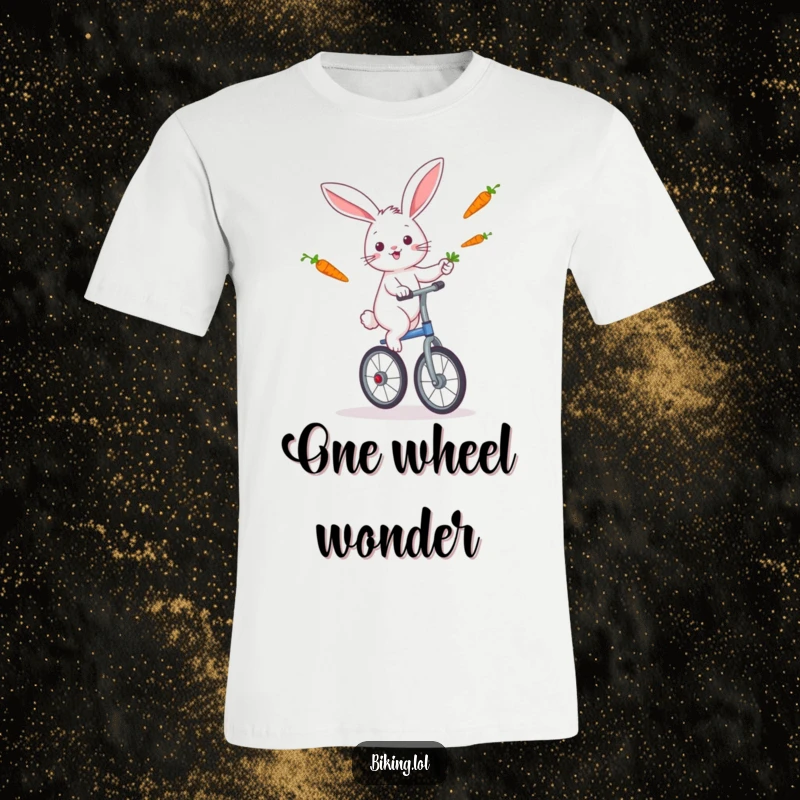 Funny rabbit performing a balancing act on a unicycle, juggling multiple carrots, depicted on a t-shirt.