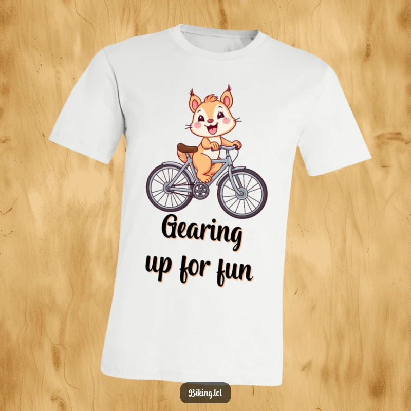 A cheerful squirrel expertly riding a bicycle with exaggeratedly large wheels, grinning widely on this funny t-shirt.