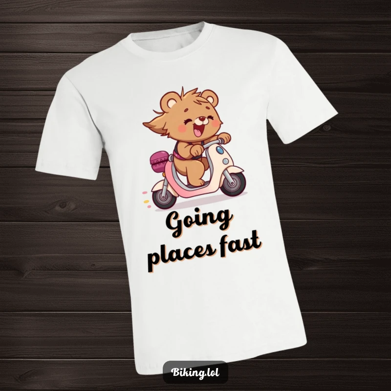 Funny bear cub wearing a t-shirt, speeding downhill on a scooter with hair dramatically flying, a hilarious and funny gift.