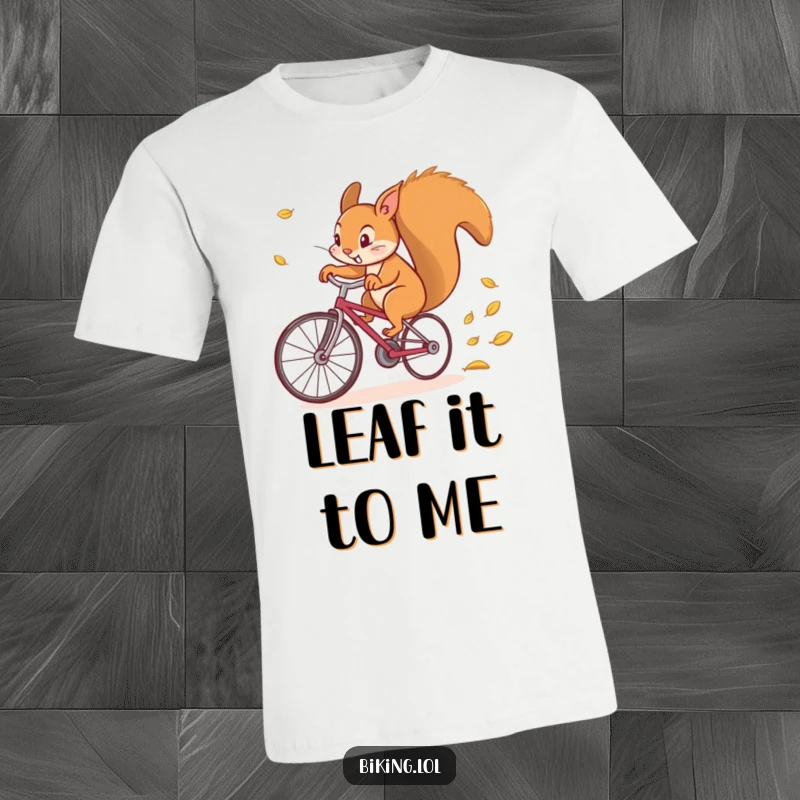 Funny t-shirt graphic of a determined squirrel comically pedaling a bicycle extremely fast, creating a whirlwind of leaves.