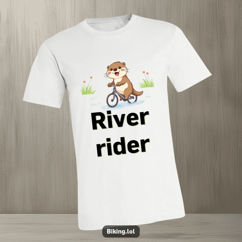 Funny T-Shirt depicting a joyful otter cycling on a small bike down a river, cheerful.