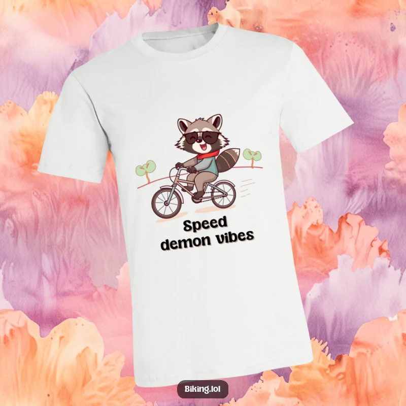 Funny raccoon t-shirt, a jolly raccoon speeding downhill on a tiny tandem bike, fun and humorous.