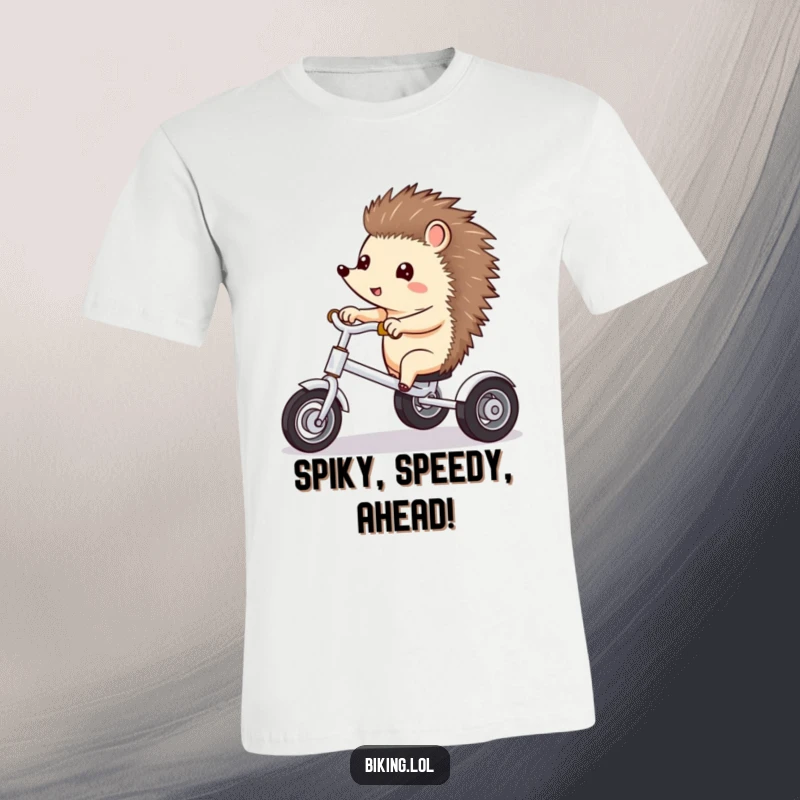 Funny t-shirt showcasing a curious hedgehog excitedly pointing ahead while riding a tricycle.