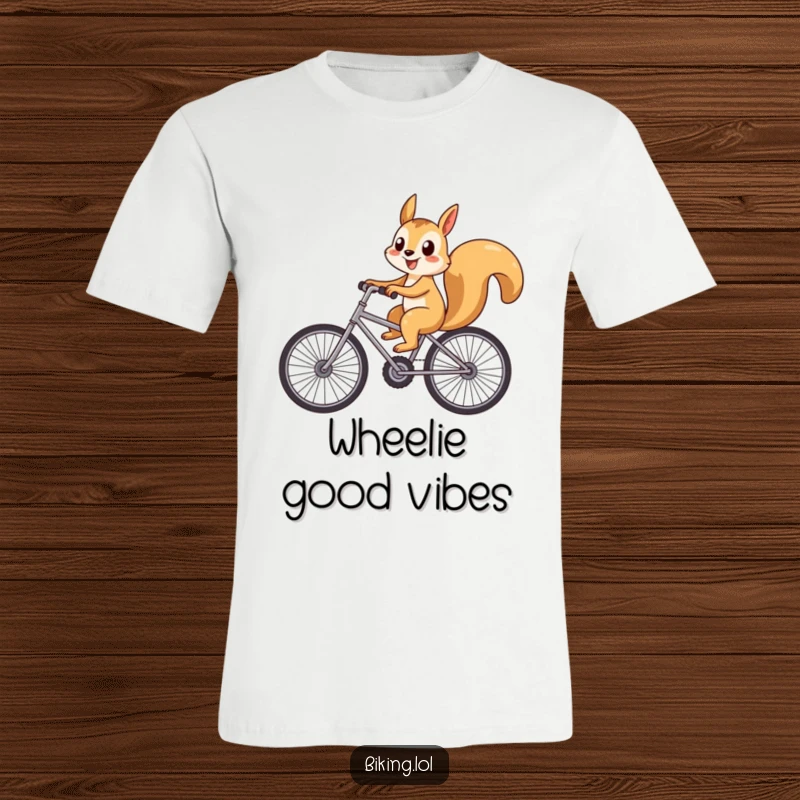 Funny playful squirrel riding a bicycle with oversized wheels and a huge smile, a humorous t-shirt for fun-lovers.
