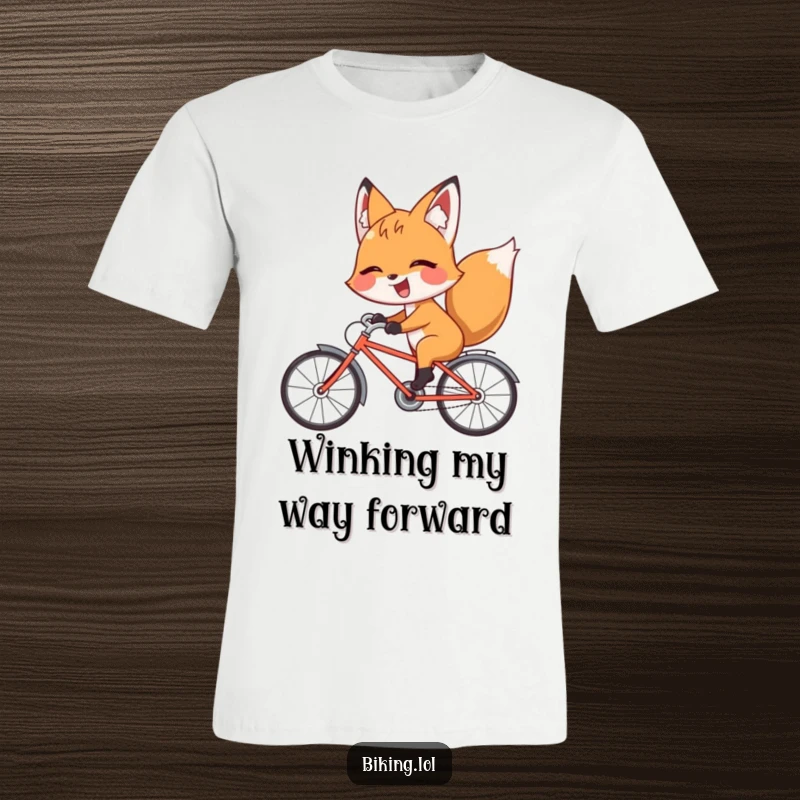 Funny fox t-shirt featuring a giggling fox riding a bicycle backward with a playful wink, a symbol of fun.