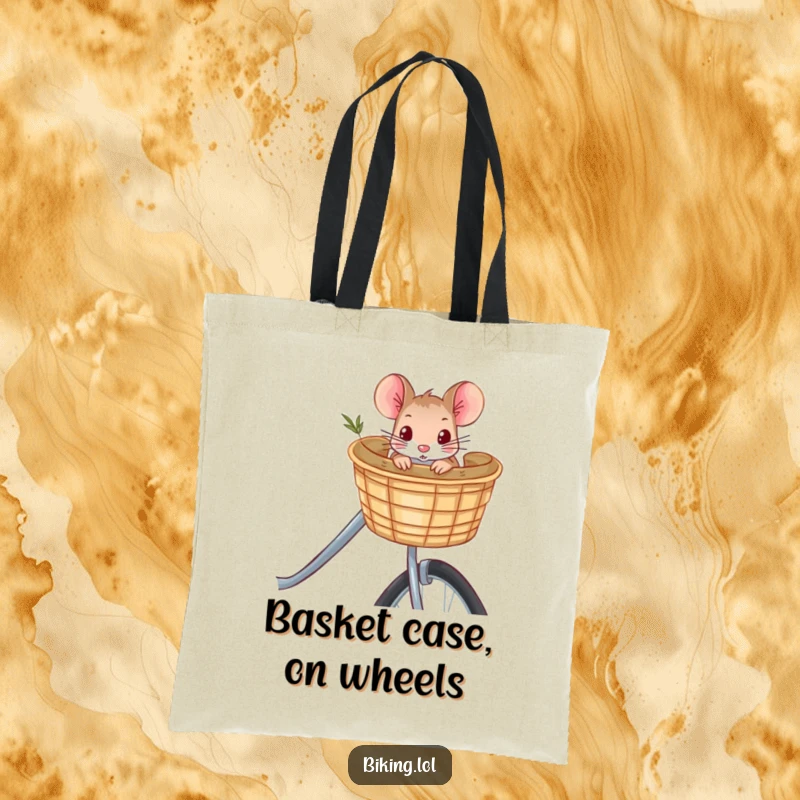 Funny curious mouse peeking from a bicycle basket, a reusable tote bag design that’s both practical and hilariously charming.