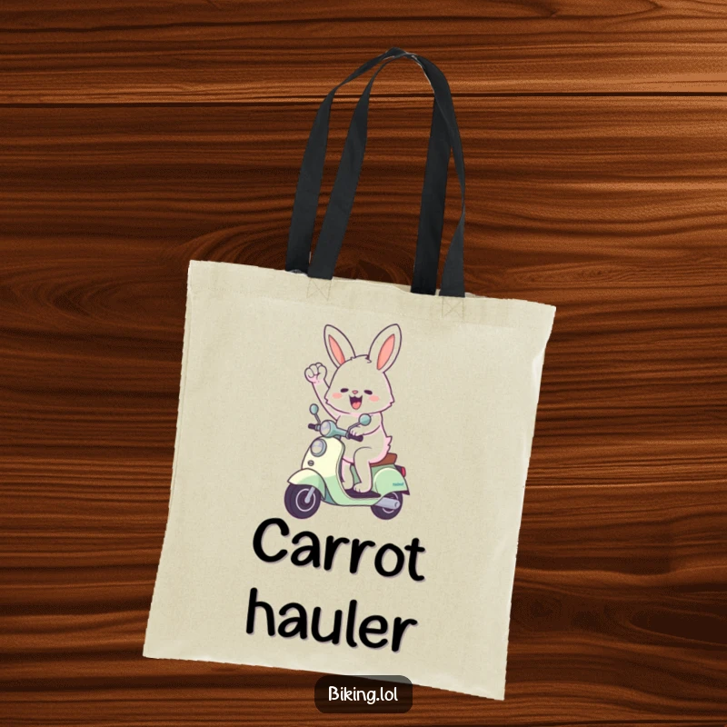 Funny bunny tote bag showing an excited bunny riding a scooter and pumping its fist, perfect for errands and high-fives.