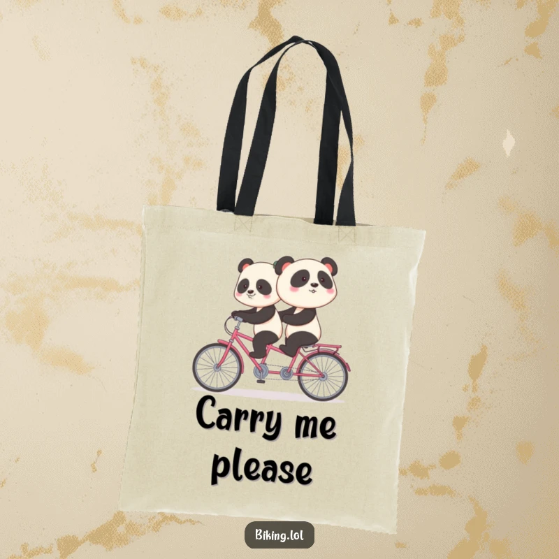 Funny panda tote bag featuring a shy panda precariously pedaling backward on a tandem bike, a whimsical and humorous accessory.