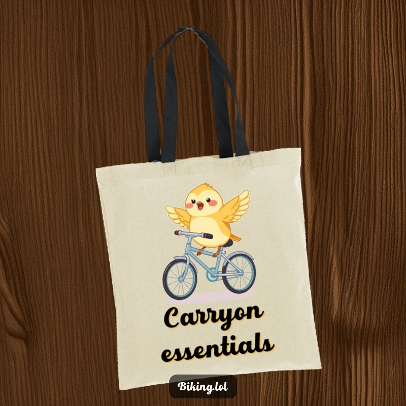 Funny chickadee bird on a tiny bicycle, wings outstretched, a cute and functional tote bag.