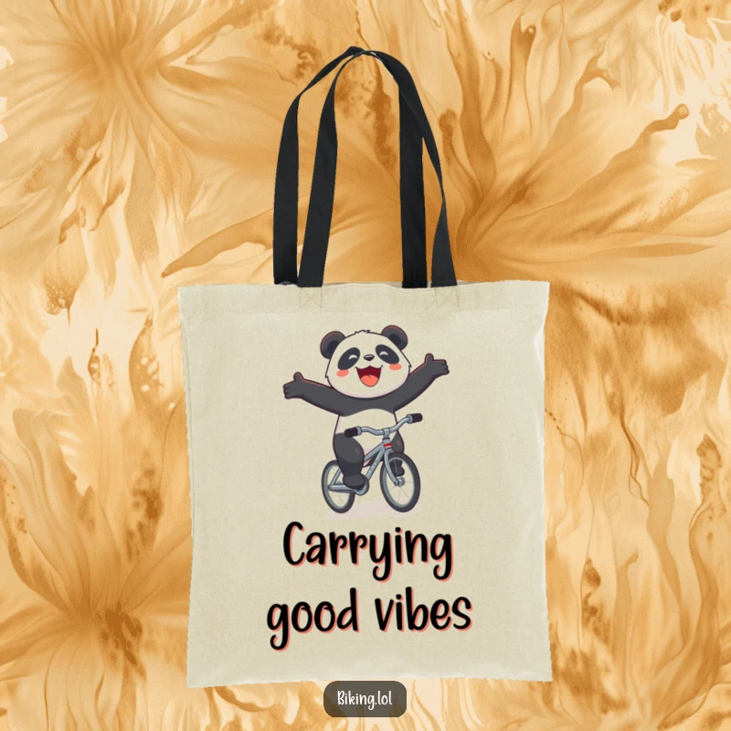 Funny panda bicycle tote bag, a joyous panda with arms outstretched, riding a tiny bicycle downhill with a huge smile, perfect for shopping.