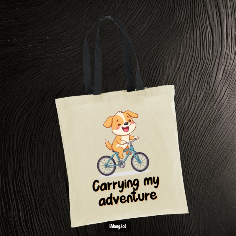Funny tote bag with a cartoon dog riding a small bicycle uphill, humorously representing a journey of perseverance and joy.