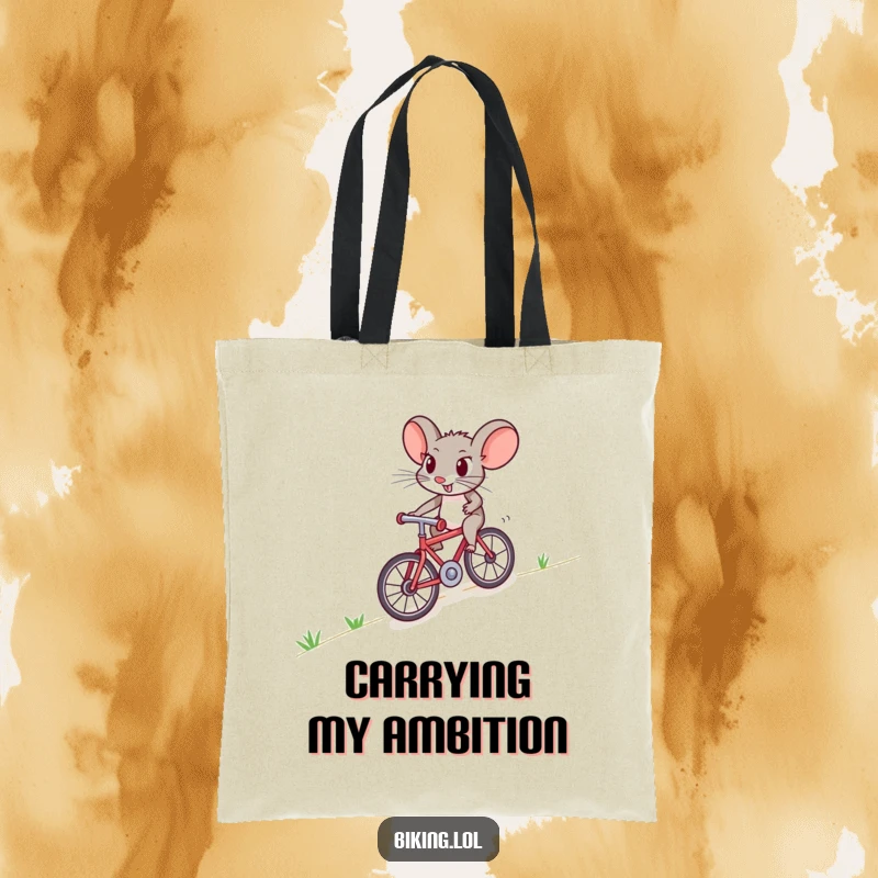 Funny mouse tote bag depicting a brave creature pedaling a small bicycle uphill with intense focus, a humorous carry-all.