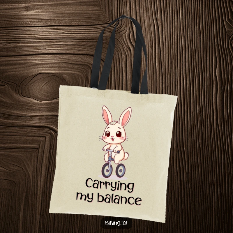 Funny bunny using a tote bag while wobbling on a unicycle with a determined grin, a humorous and useful funny gift.