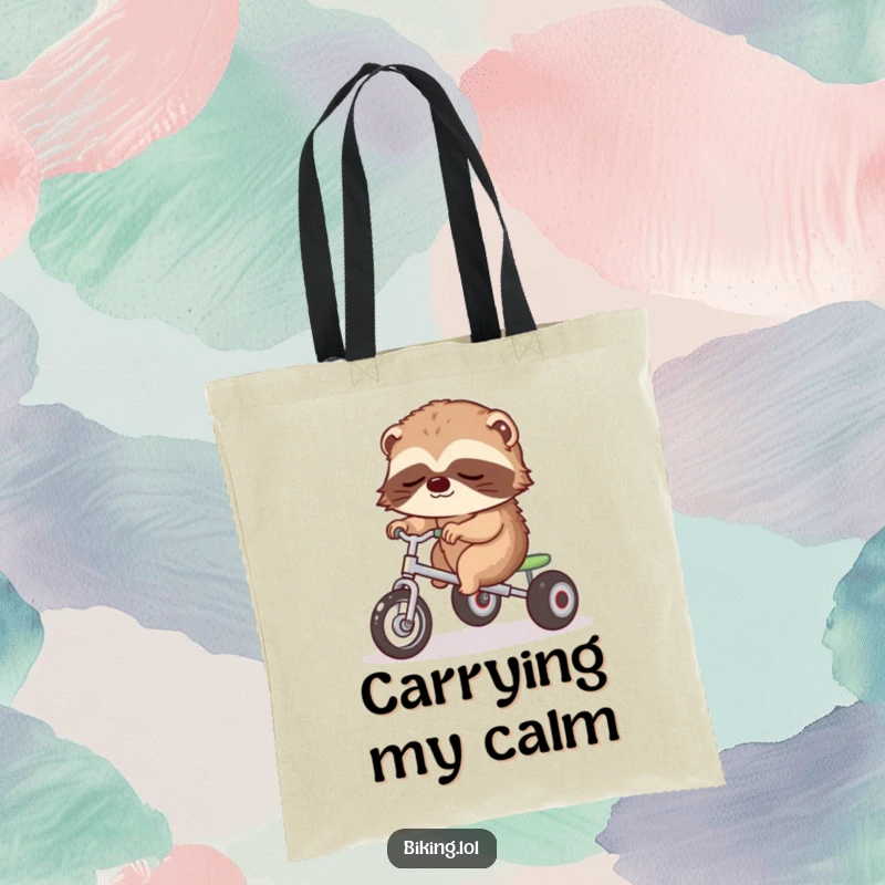 Funny tote bag with a sleepy sloth slowly riding a tricycle, practical and calm.