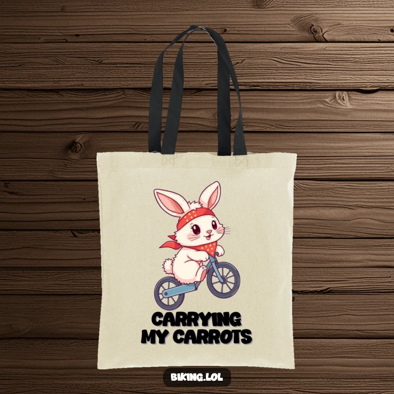Funny bunny wearing a bandana, doing a wheelie on a bike, on a stylish tote bag, symbolizing freedom.