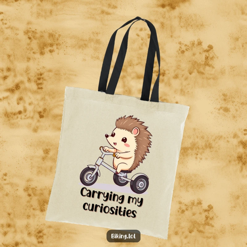 Funny tote bag depicting a curious hedgehog excitedly pointing ahead while riding a tricycle.