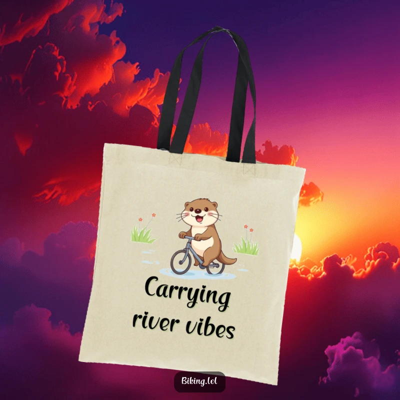 Funny tote bag with a joyful otter riding a small bicycle down a river, cheerful and practical.