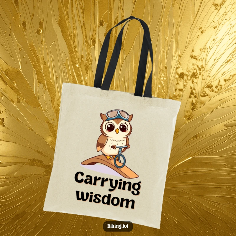 Funny owl wearing a cycling cap, elegantly navigating a ramp on a bike, on a stylish tote bag, symbolizing grace.