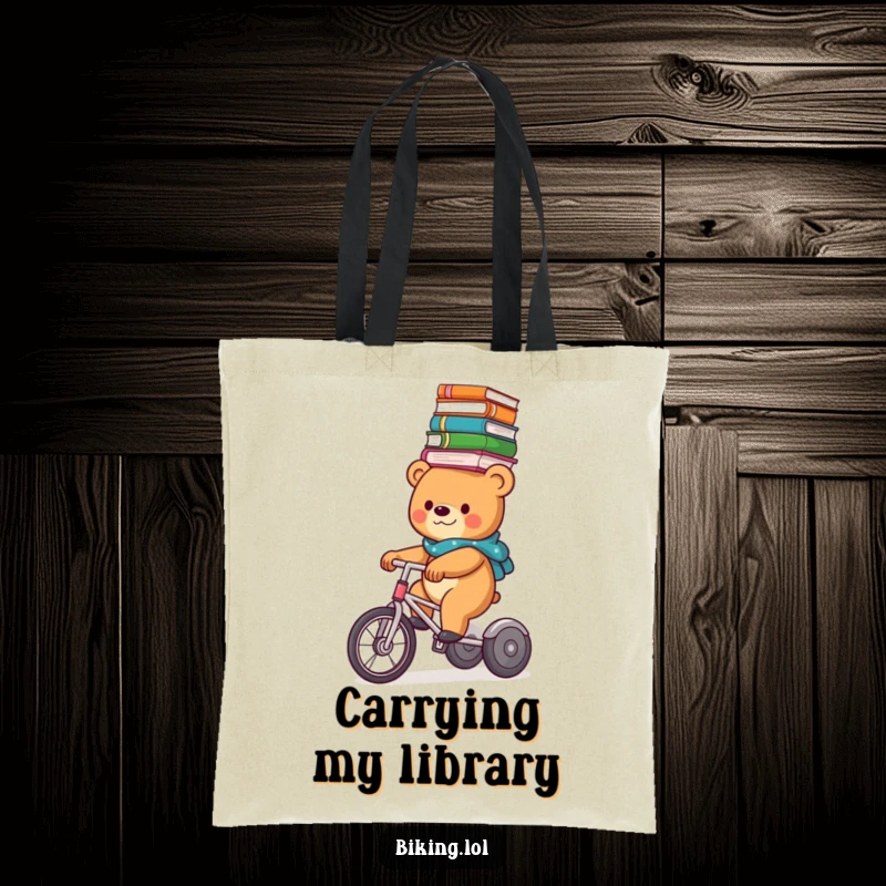 Funny bear character balancing a tower of books on its head while riding a tricycle, printed on a stylish tote bag.