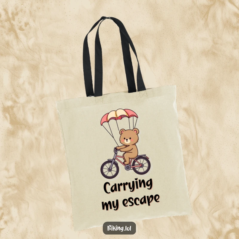 Funny bear tote bag, a determined bear riding a bike with a parachute, humorous and spacious travel accessory.