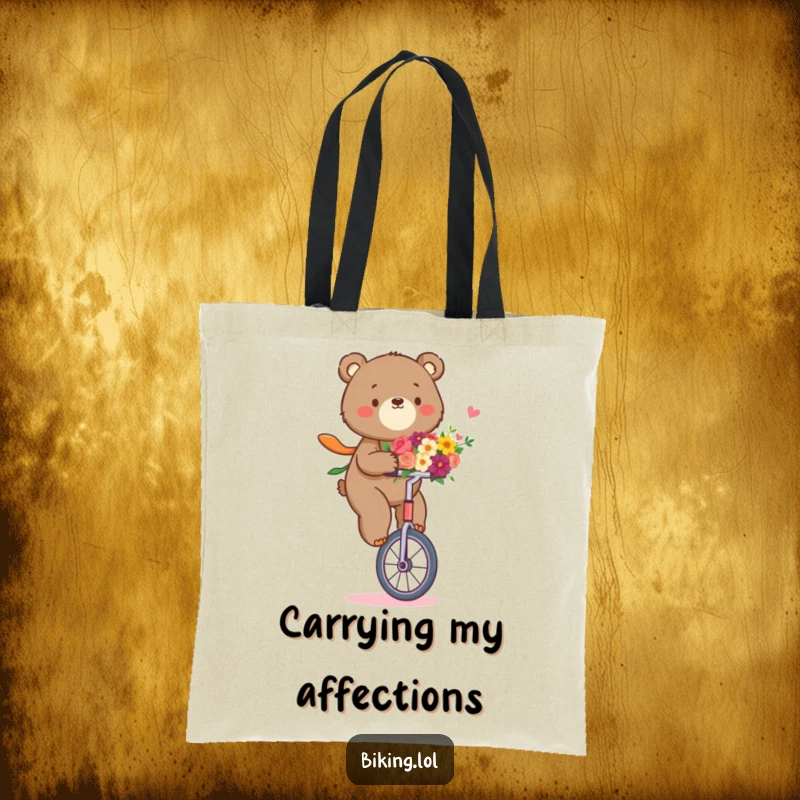 Funny bear tote bag with a determined bear riding a unicycle, holding a bouquet of flowers, stylish and sweet.
