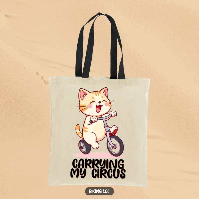 Funny tote bag with a smiling cat pedaling a unicycle, humorously representing balance, energy, and a flair for the dramatic.