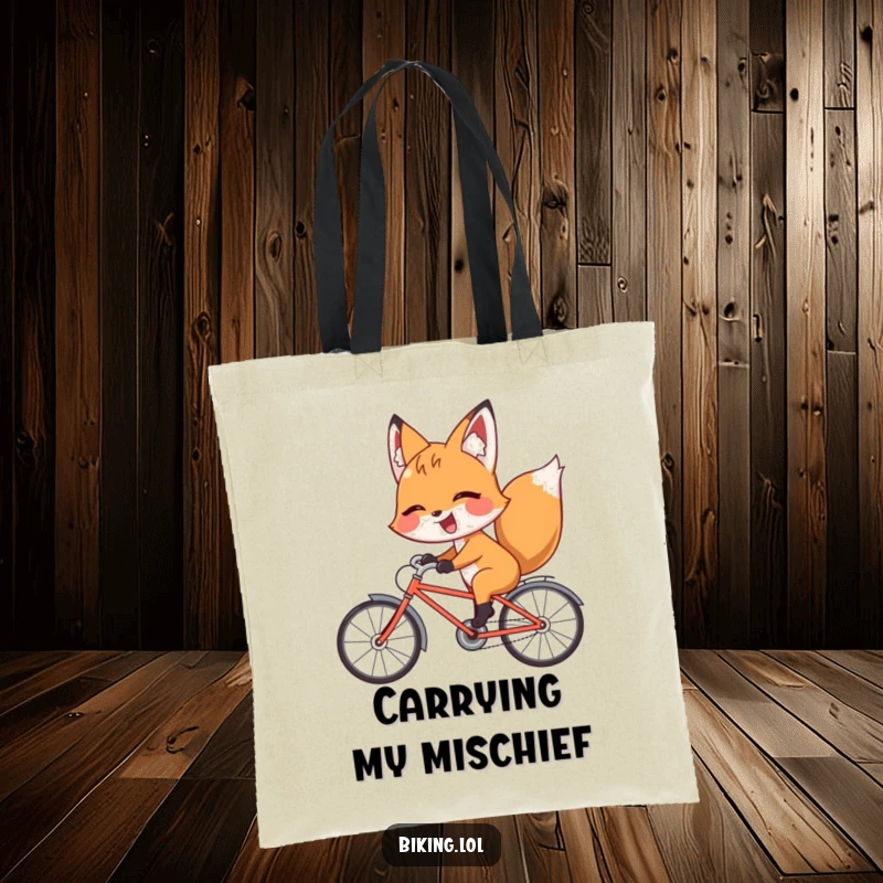 Funny fox tote bag with a giggling fox riding a bicycle backward with a playful wink, a functional and humorous accessory.
