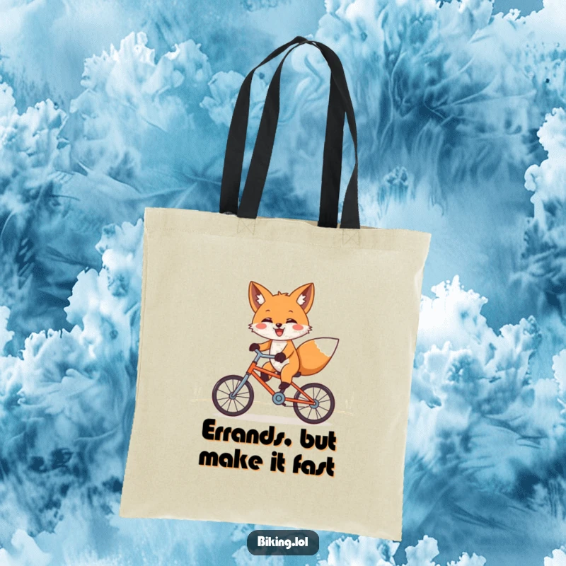 Funny fox tote bag, joyfully riding a tiny bicycle downhill with paws outstretched for a thrilling adventure.