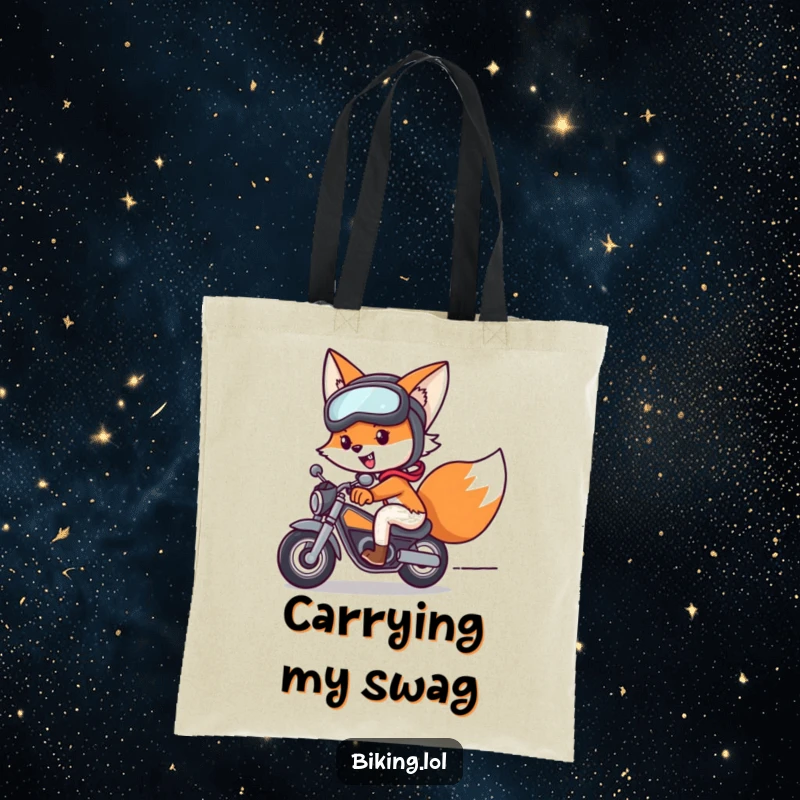 Funny fox using a tote bag while speeding on a bike with helmet and goggles, a humorous and useful funny gift.