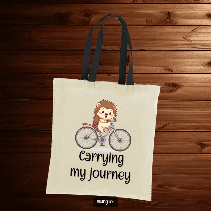 Funny tote bag showing a happy hedgehog pedaling a tiny bicycle with oversized wheels, a charming accessory for your essentials.