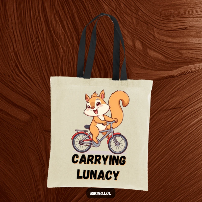 Funny tote bag featuring a giggling squirrel riding a bicycle backwards, a humorous and practical funny gift.