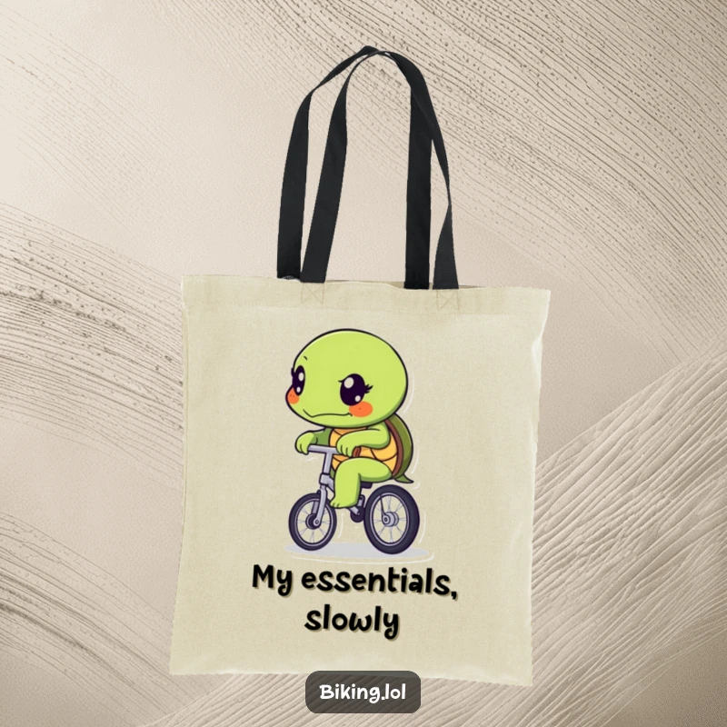 A determined funny turtle slowly pedaling a unicycle, printed on a durable and humorous tote bag.