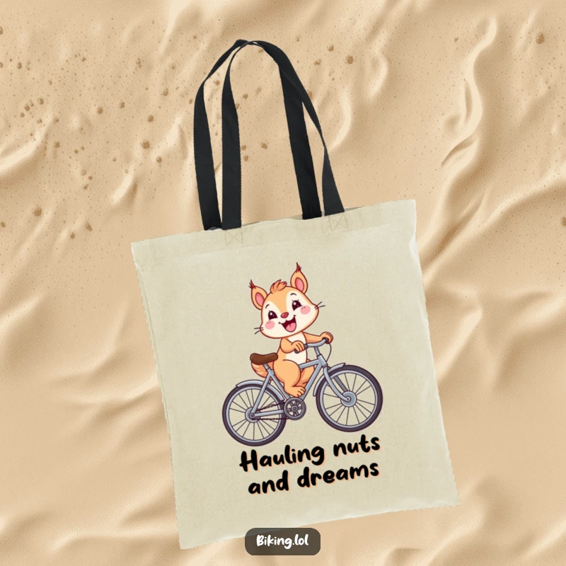 Funny squirrel on a big-wheeled bicycle with a beaming smile, captured on this stylish and humorous tote bag.