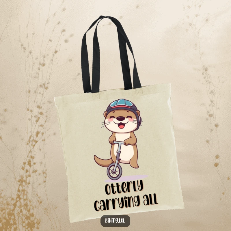 Funny otter tote bag with a happy otter in a helmet, balancing on a unicycle and juggling, a charming accessory.