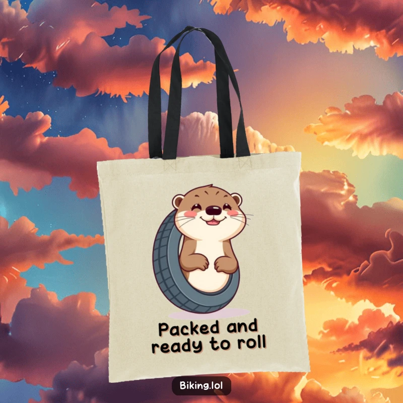 Funny otter tote bag, curious otter enthusiastically pumping a tire with a cheerful grin, ready for any task.
